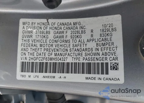 2021 Honda Civic Lx from USA, damaged, VIN 2HGFC2F63MH504327